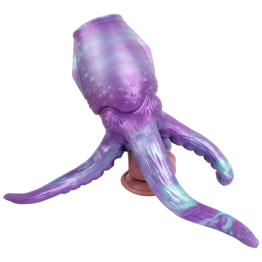 Purple and green Cthulhu octopus male masturbator sleeve standing on a white background