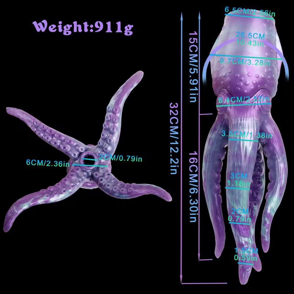 Dimension diagram showing length 32cm and weight 911g of Cthulhu tentacle masturbator