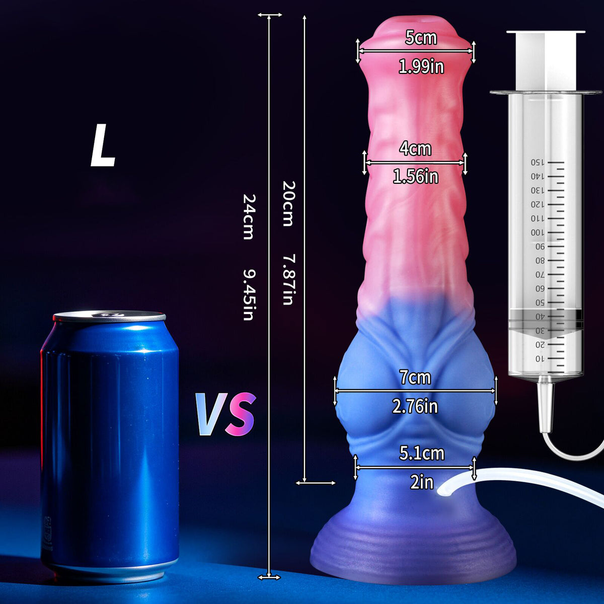 Large size fantasy dildo with suction base and liquid tube attachment showing 24cm full length and 7cm bulb width