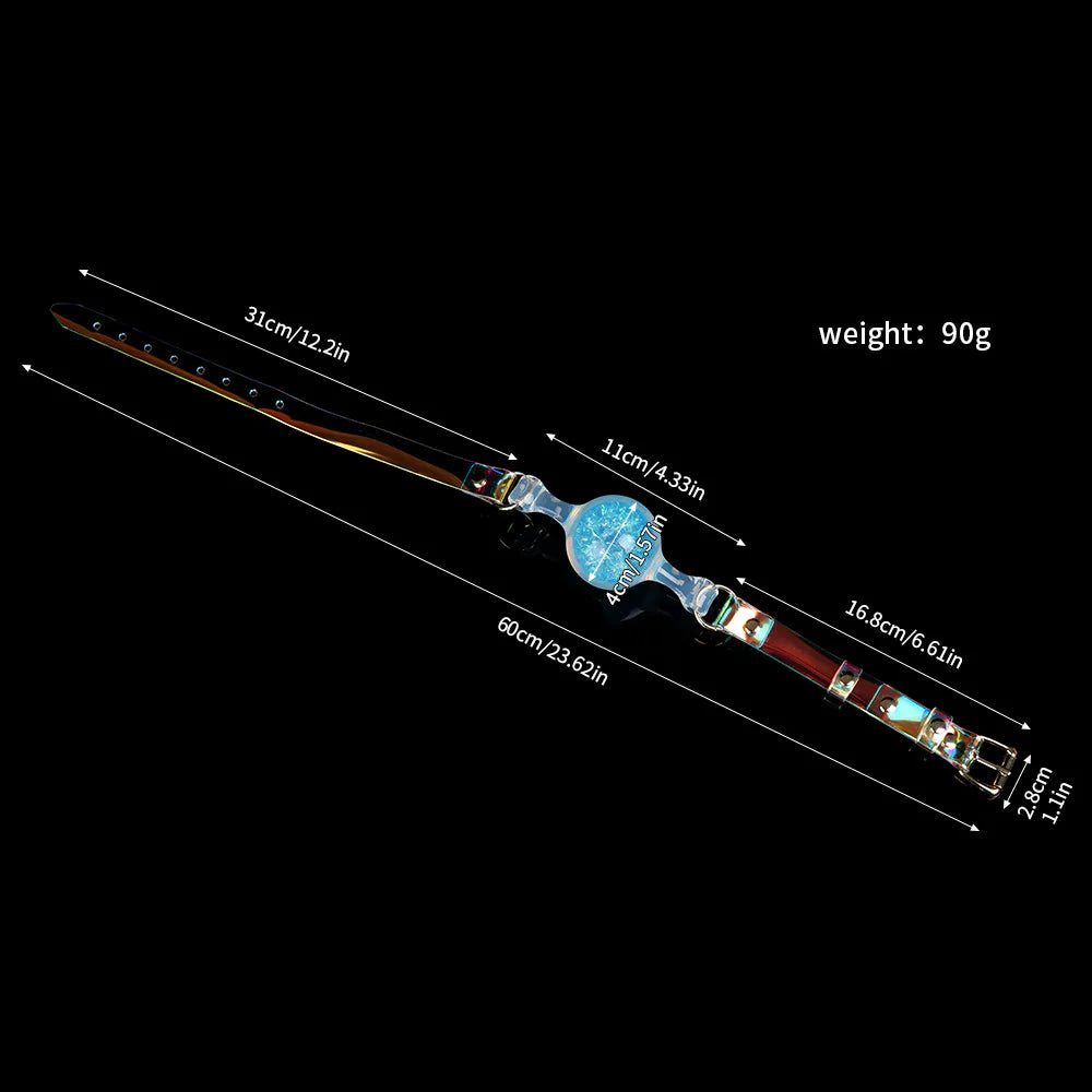 Size info graphics for a cyberpunk blue foil silicone ball gag with an adjustable holographic strap, 4cm diameter ball, and 90g weight.
