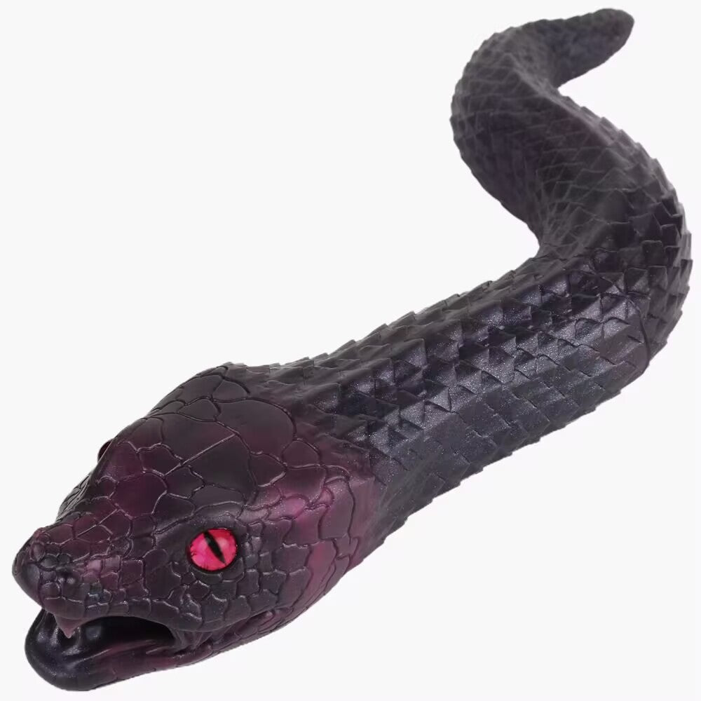 Top angled view of purple dark snake fantasy stroker showing red eyes and scale texture
