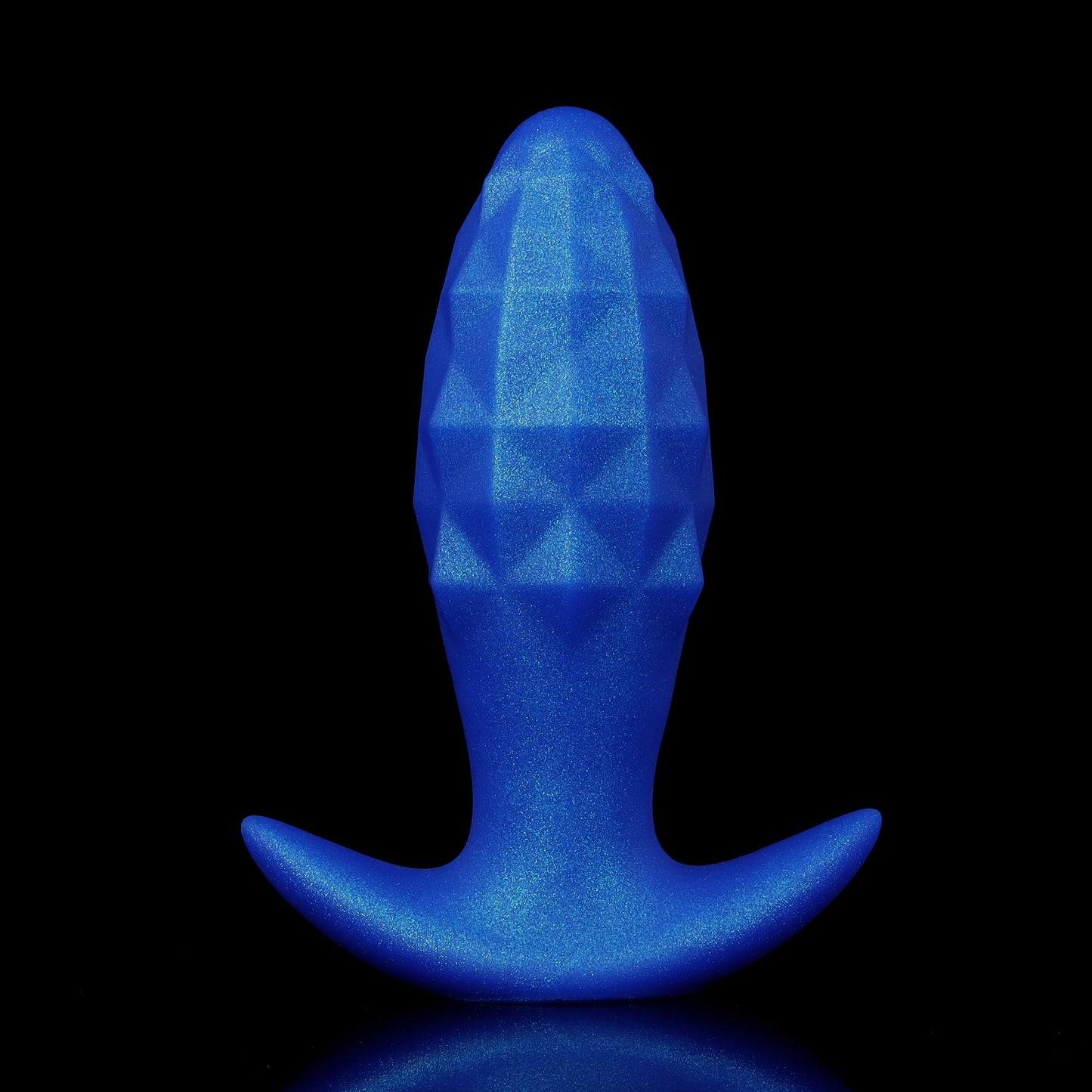 Front view of a blue inflatable silicone butt plug featuring a textured diamond-faceted geometric bulb and a wide flared safety anchor base.