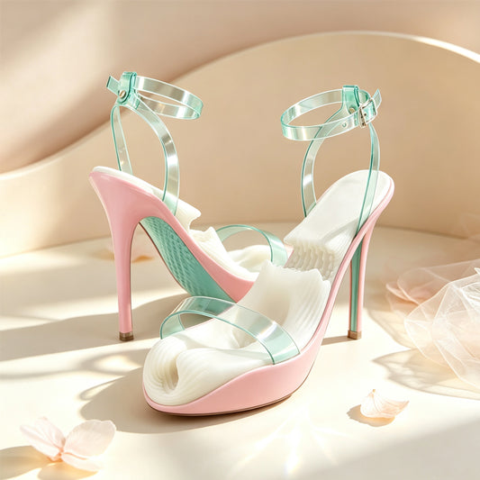 Pair of novelty pink high heel flesh sleeves showcasing flexible ribbed silicone footbed textures and clear buckle straps