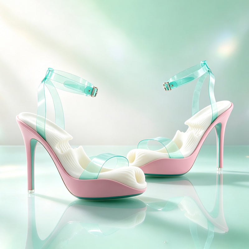 Side and profile view of two discreet high heel design flesh sleeves with transparent straps on reflective surface