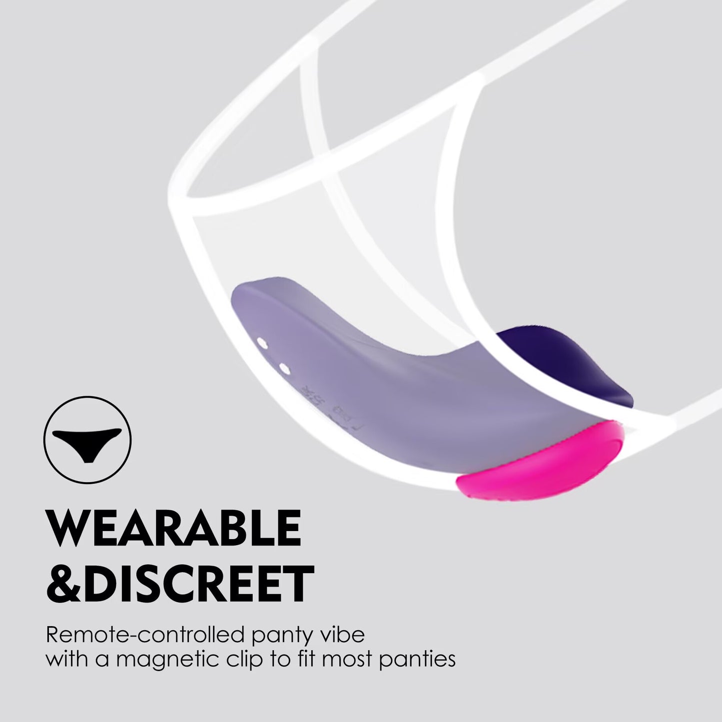 Illustration of a discreet wearable panty vibrator secured tightly on white underwear with a pink magnetic clip.