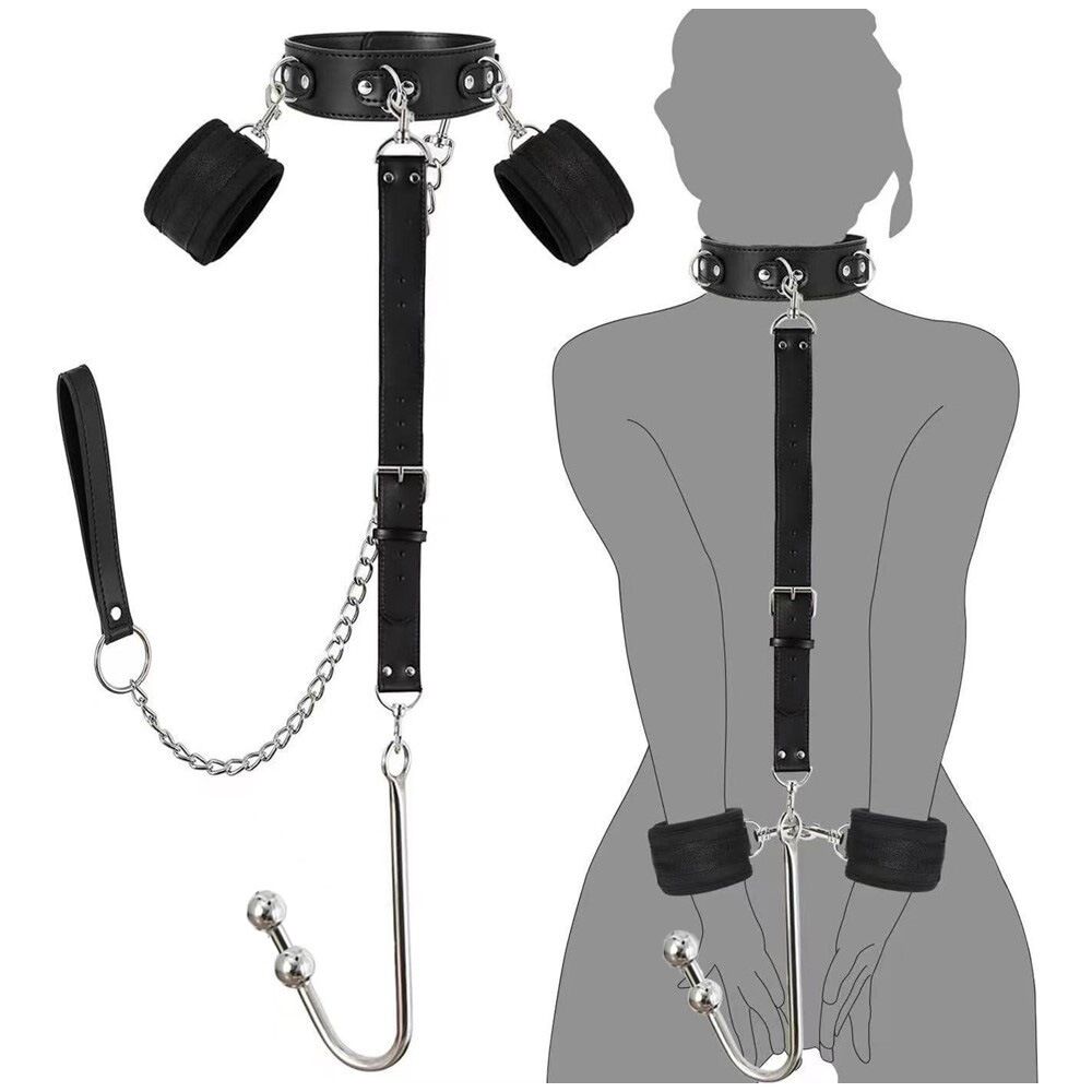 Full restraint body harness system with double bead anal hook, collar, cuffs, and leash.