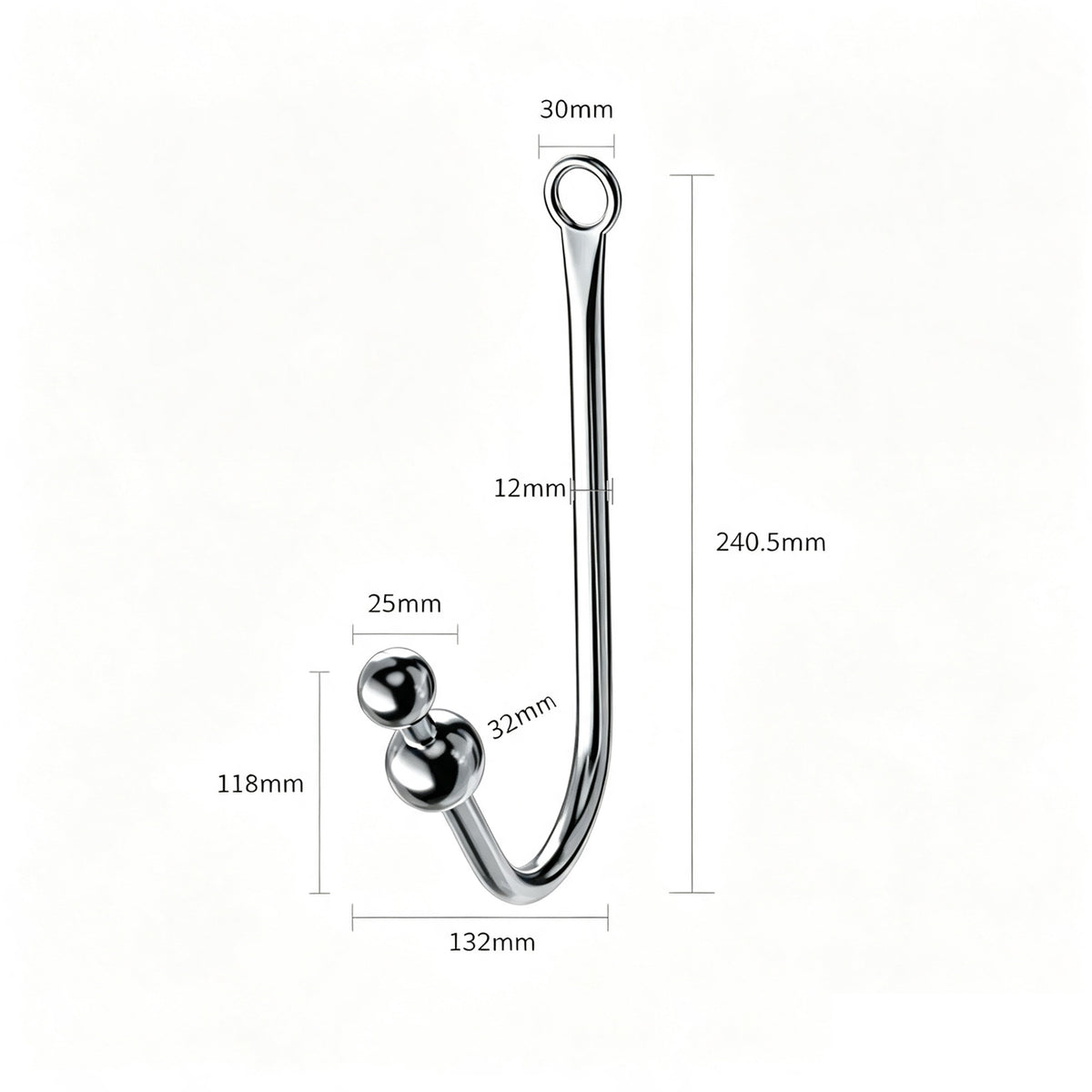 Detailed size specs diagram for double bead anal hook with 25mm and 32mm bead diameters.