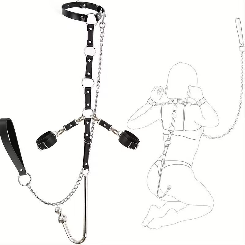 Double bead anal hook posture harness with leash chain and body position diagram.