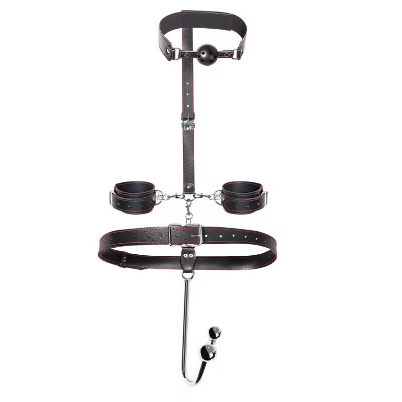 Full body harness system with double bead anal hook, ball gag, and hand cuffs.