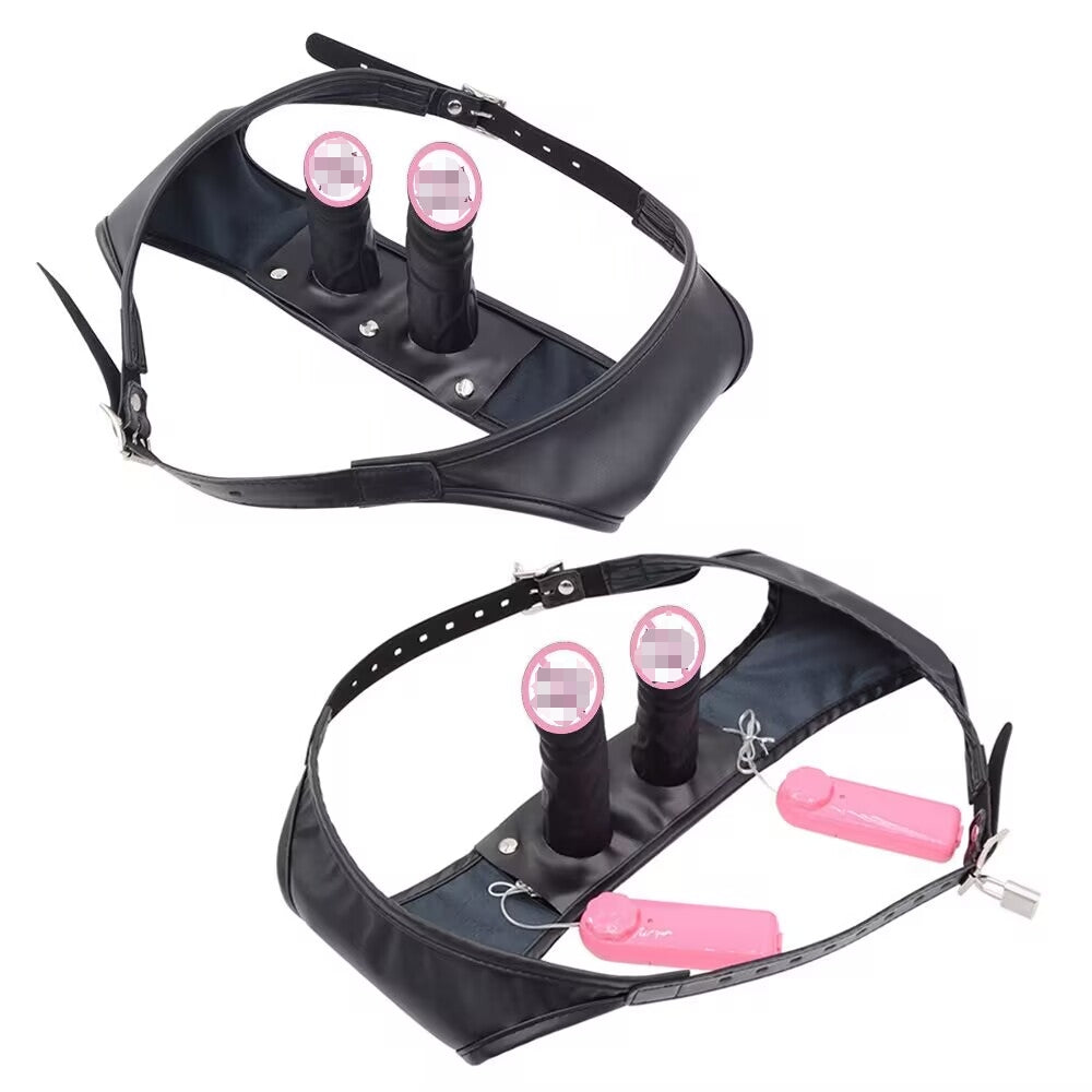 Adjustable black leather double strap-on harness set with two silicone dildos and pink bullet vibrators for couples play