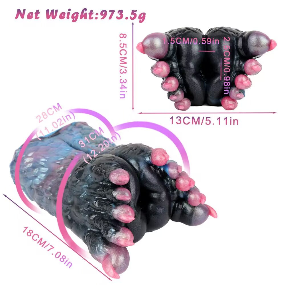 Dimension chart for dragon claw masturbator showing 973.5g net weight and 18cm length.