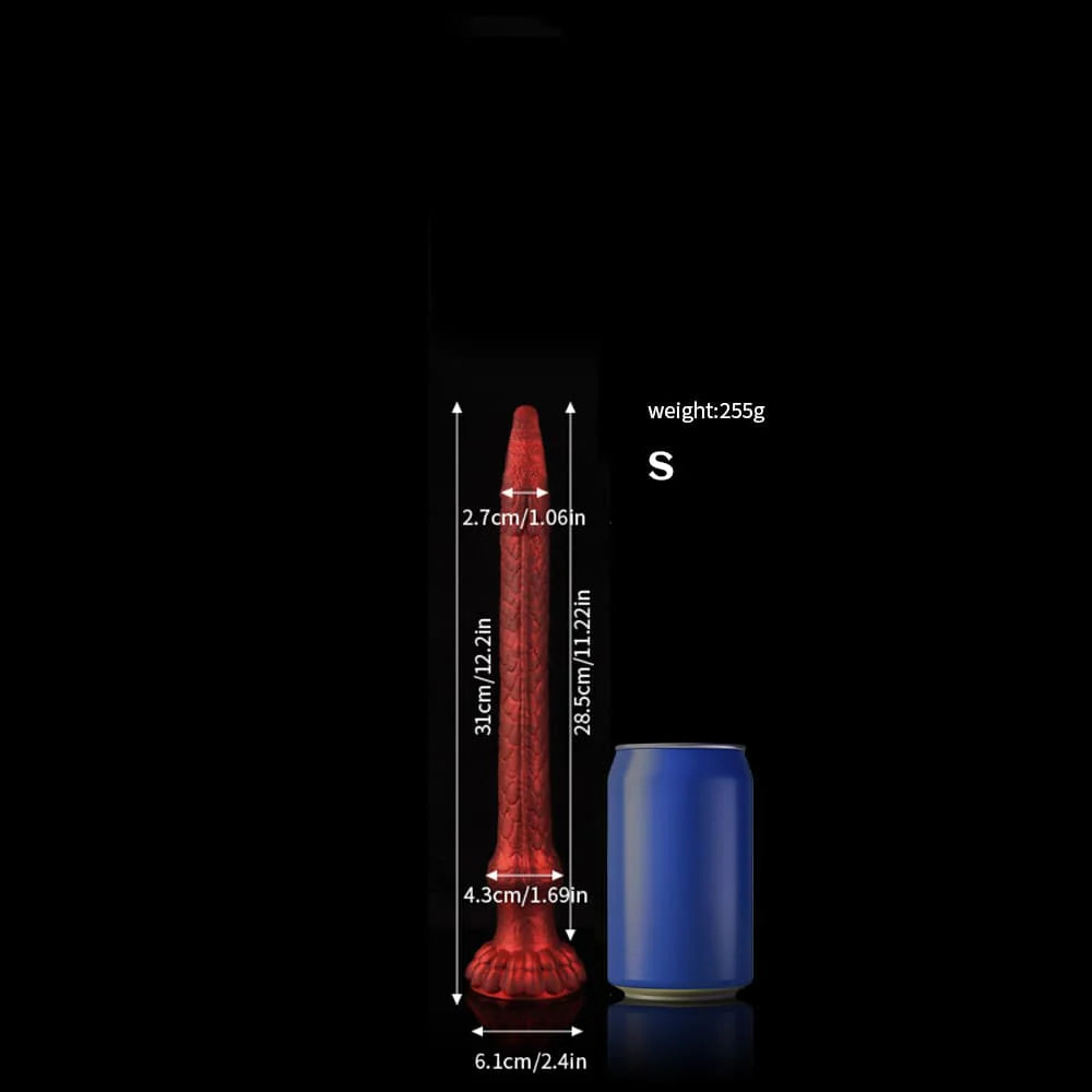 Size specifications and 255g weight chart for the beginner-friendly Small (S) size dragon tail dildo with a blue soda can for visual scale.