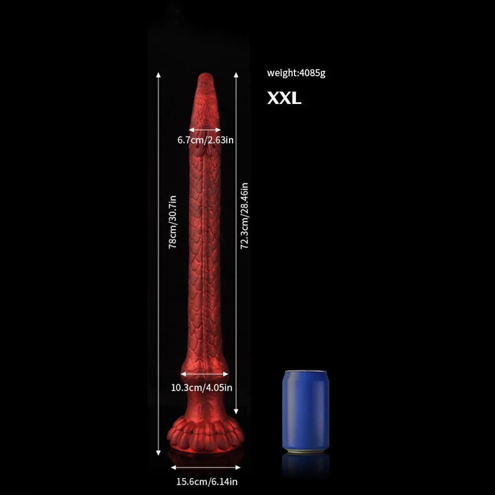 Size chart and 4085g extreme weight specifications for the giant XXL size monster tentacle dildo compared with a standard blue can.