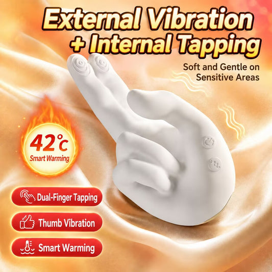 Golden Touch dual-action finger vibrator showing features: dual-finger tapping, thumb vibration, and 42 degrees Celsius smart warming on a luxurious gold satin background.