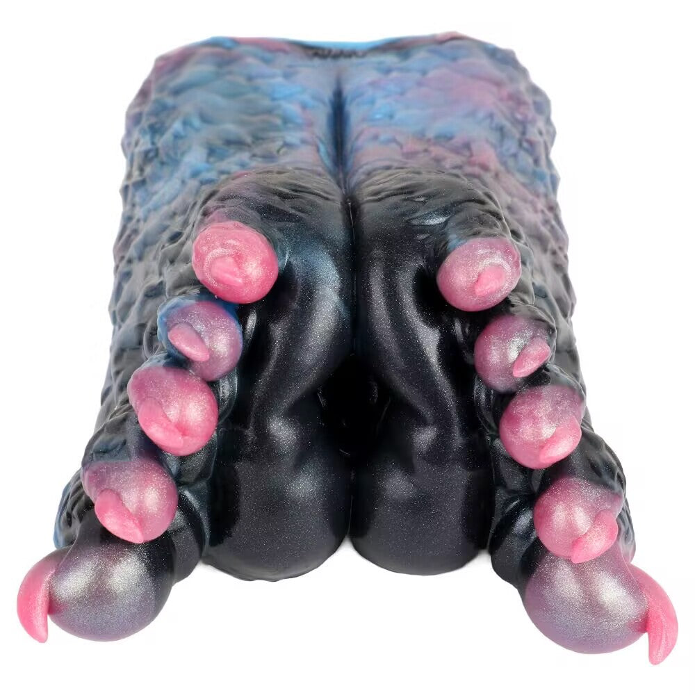 Front perspective of dual-claw male masturbator showing symmetrical pink talons.