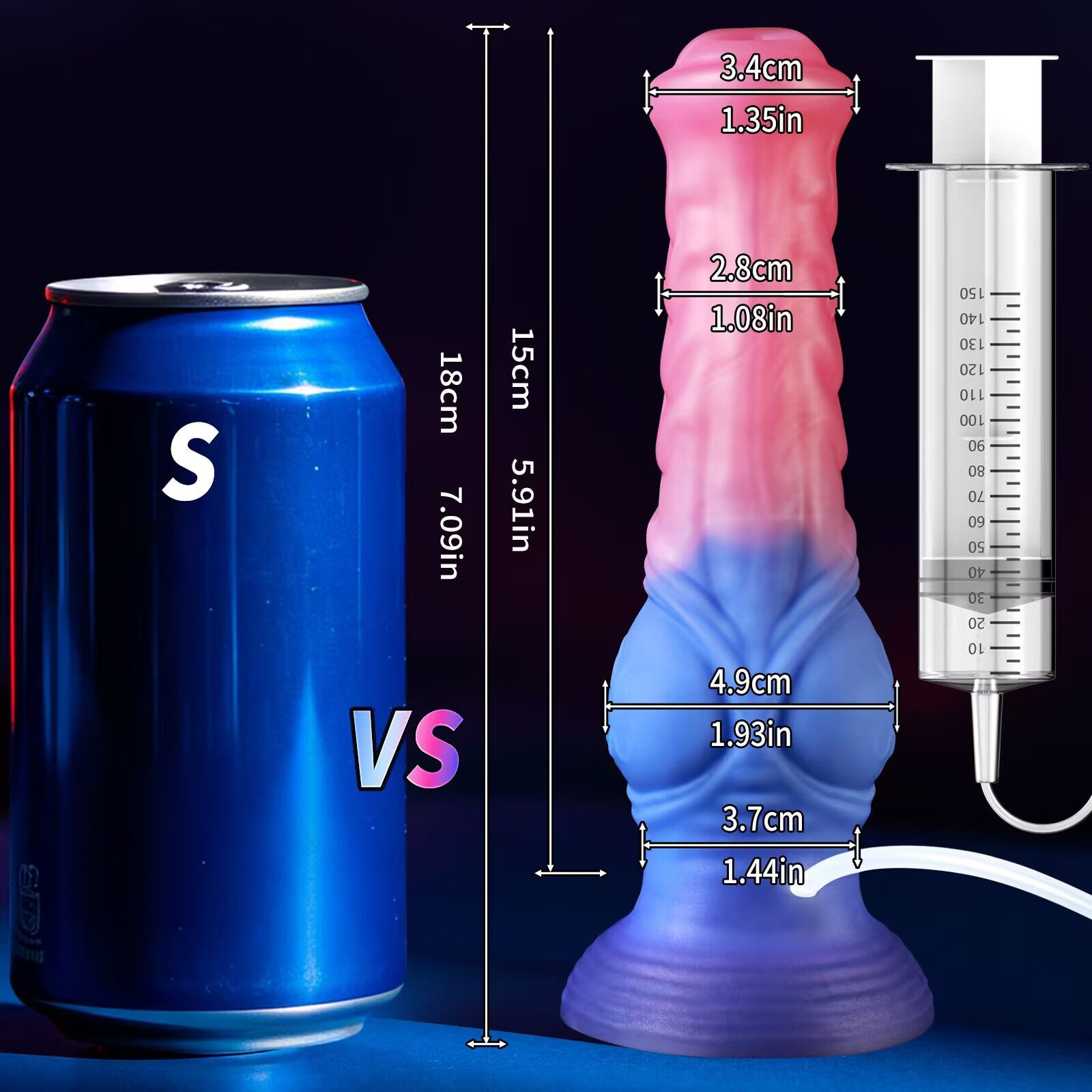 Small dual-color fantasy silicone dildo with liquid injection syringe showing dimensions 18cm length compared to soda can