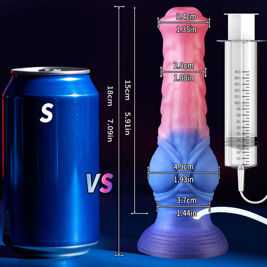 Small dual-color fantasy silicone dildo with liquid injection syringe showing dimensions 18cm length compared to soda can
