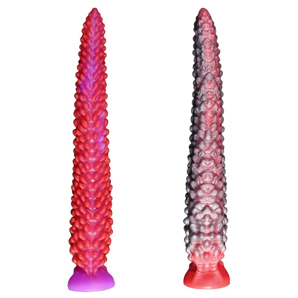 Pair of fantasy spine textured silicone dildos in gradient red-purple and grey-red color schemes.