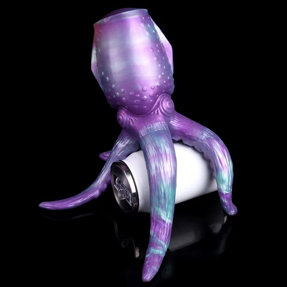 Soft purple silicone Cthulhu tentacle monster stroker standing on can base