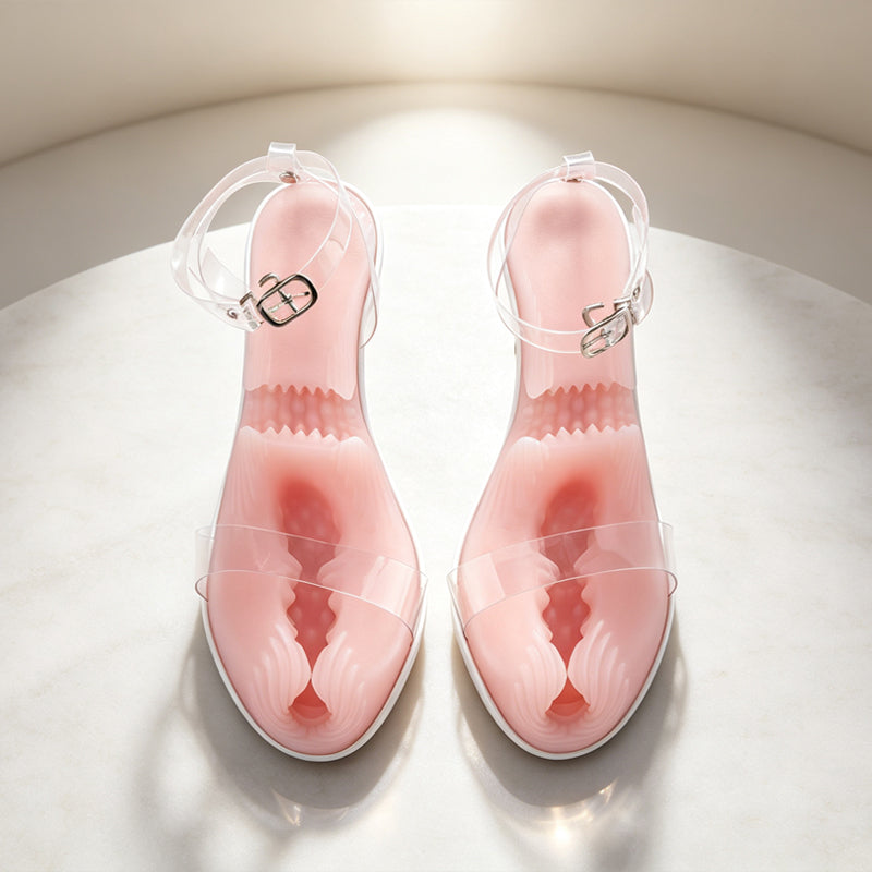 Top-down view of two high heel male strokers showing open internal texture channels with intricate ribbed patterns and clear straps.