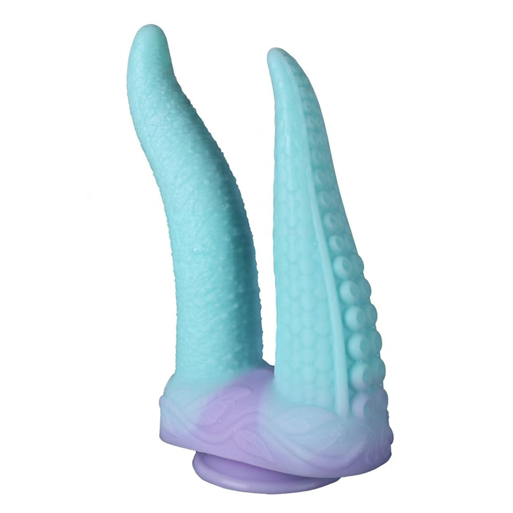 Premium dual shaft monster tentacle fantasy dildo in pastel blue and purple gradient color isolated on a pure white background.