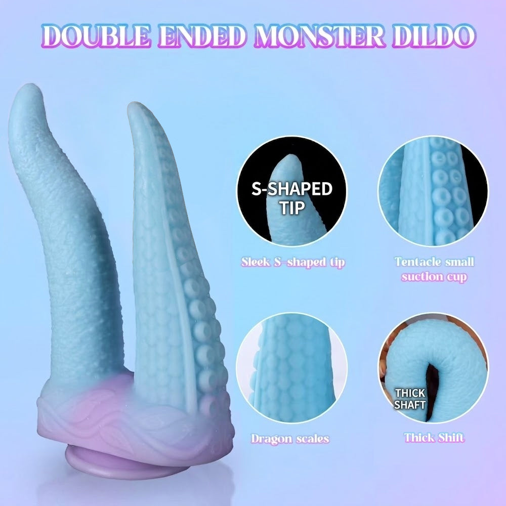 Close-up of blue dual tentacle monster fantasy dildo highlighting the S-shaped tip, dragon scales texture, and small suction cups.
