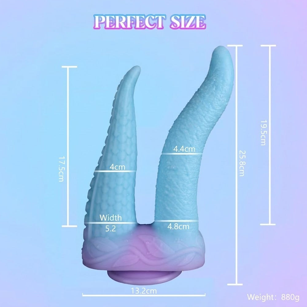 Dimensional size chart of the dual tentacle fantasy dildo showing 25.8cm total height, 19.5cm length, and 880g weight specifications.