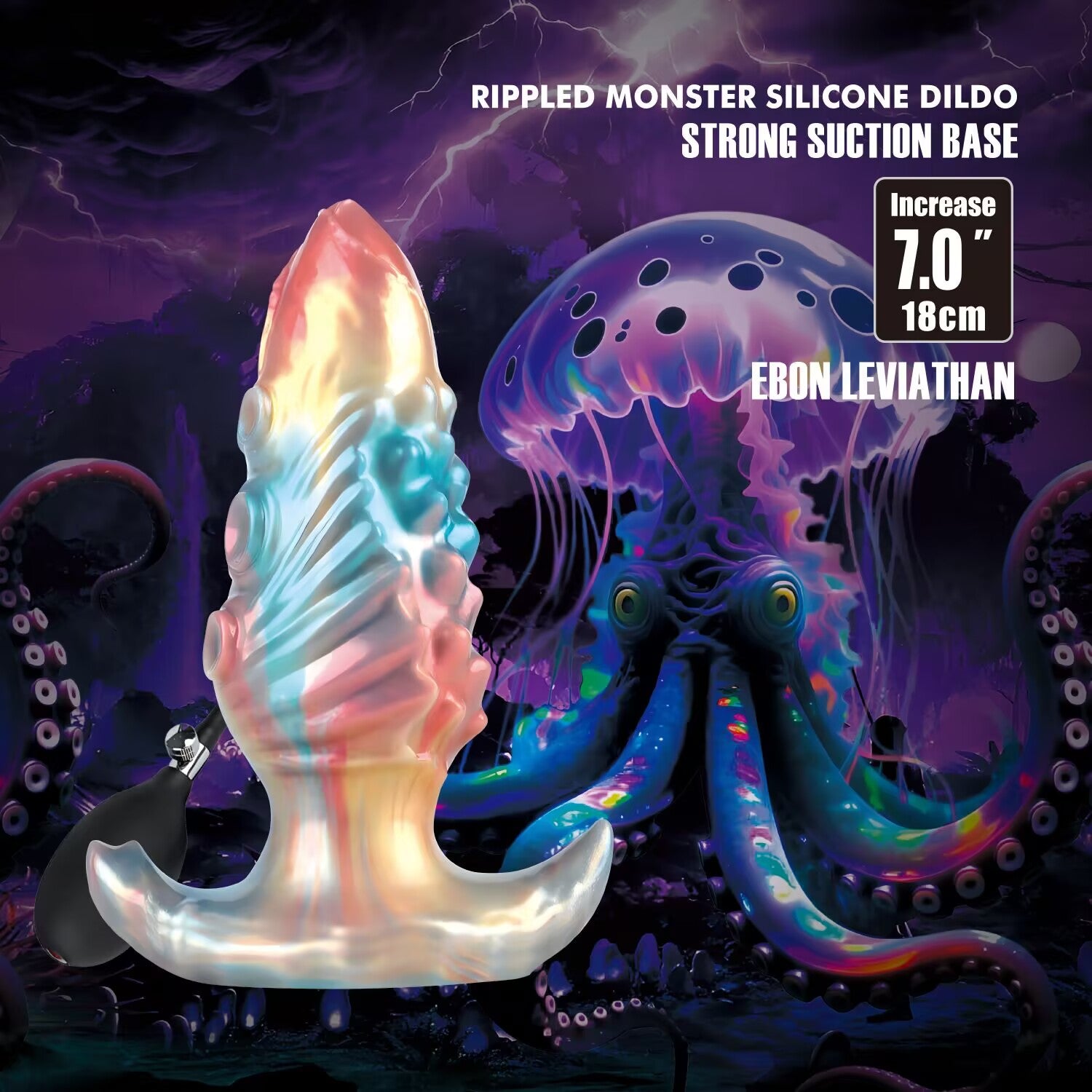Ebon Leviathan inflatable monster silicone dildo with a tentacle design and strong suction base shown against a deep-sea jellyfish and octopus background.