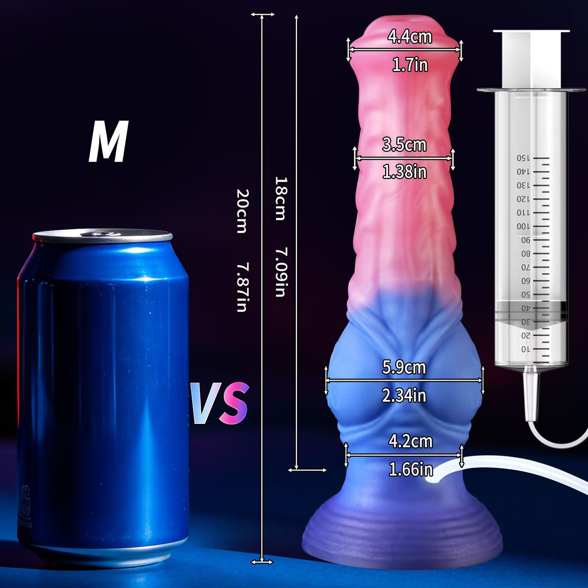 Medium size ejaculating fantasy dildo with 150ml liquid injector system showing 20cm total length and 5.9cm maximum diameter