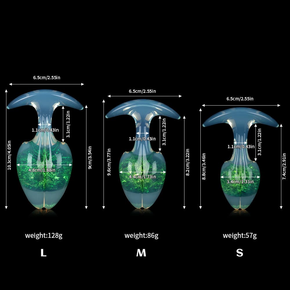 Sizing diagram for the emerald green crackle plug showing complete product dimensions and weights for sizes S, M, and L.