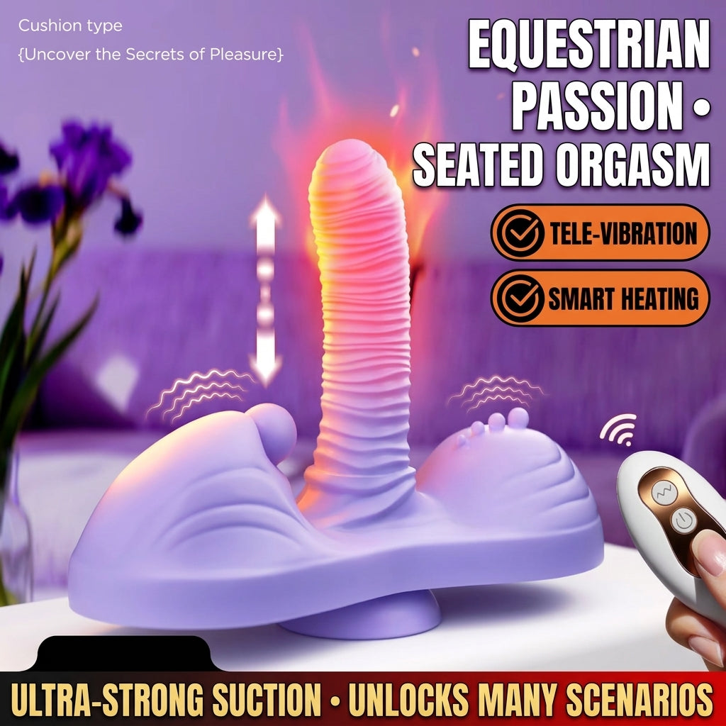 Equestrian Passion ride-on saddle massager with suction cup base and wireless remote for hands-free relaxation.