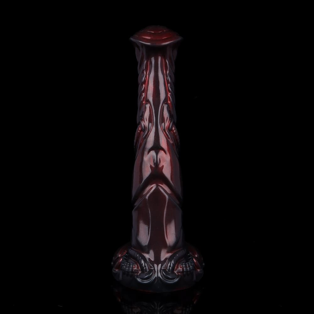 Symmetrical back view highlighting the heavy mechanical armor plating design on the flared base of the silicone fantasy dildo.