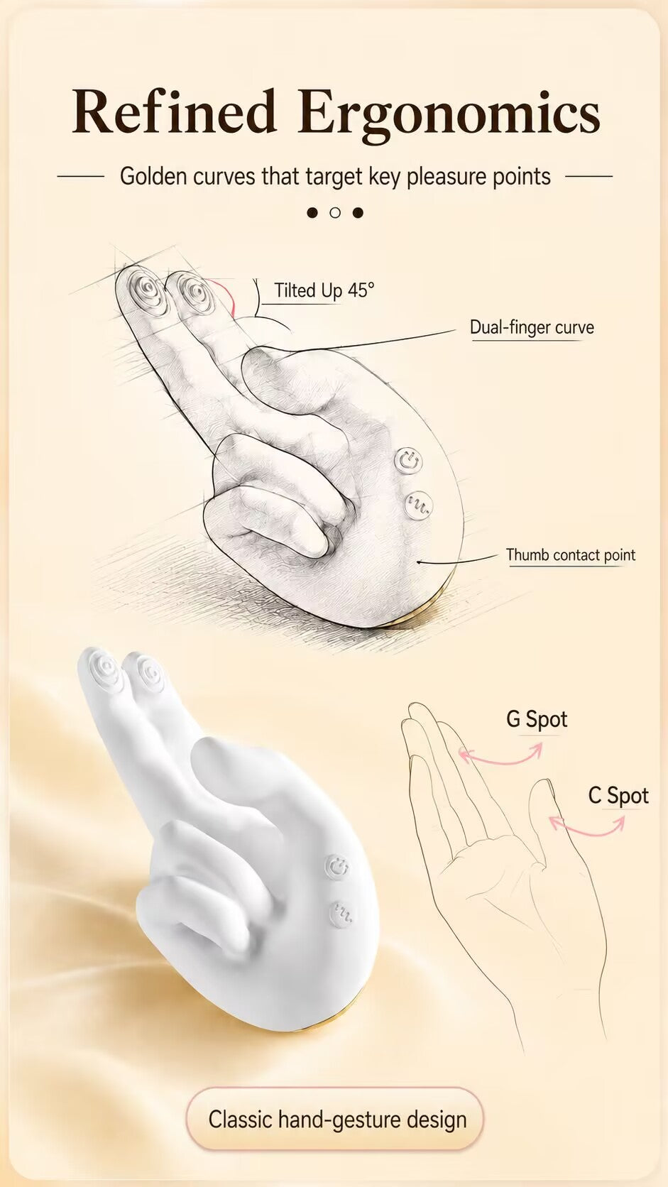 Technical design sketch of the finger-shaped vibrator illustrating the 45-degree tilted dual-finger curve and thumb contact point for perfect anatomical alignment.