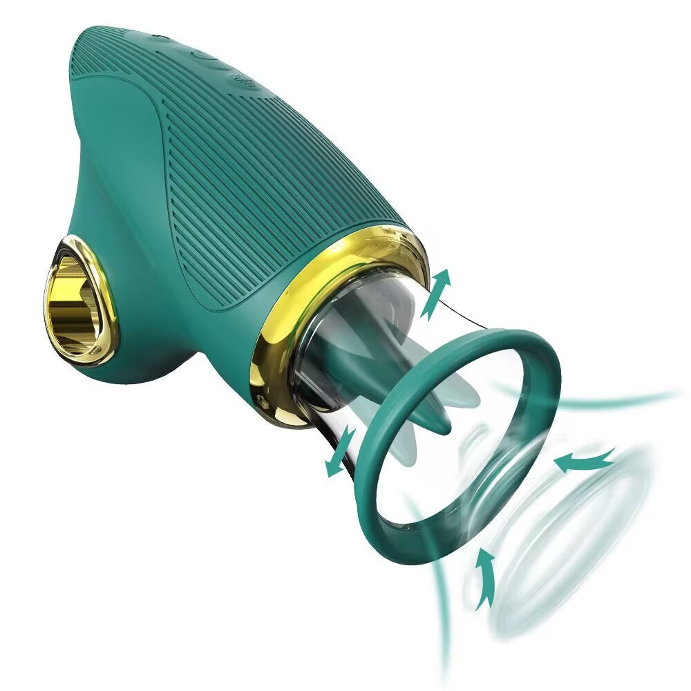 Side view of the teal intimate massager with ergonomic handle and soft sealing ring.