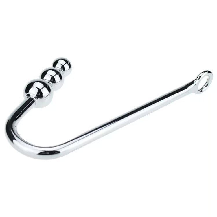 Side view of ergonomic J-shape anal hook with smooth spherical beads.