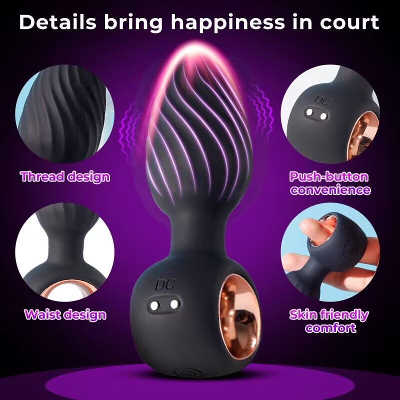 Close-up of ergonomic silicone plug featuring spiral thread design, narrow waist, and magnetic charging port