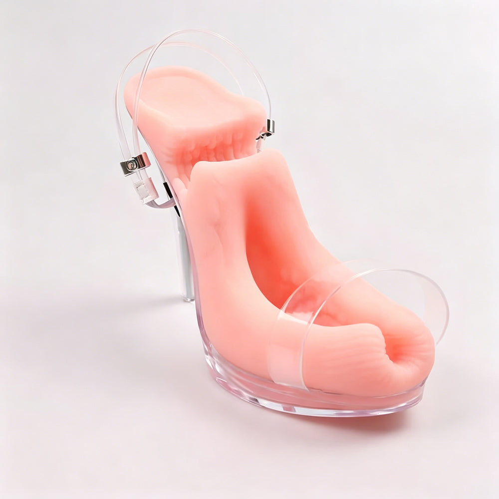 A pair of pink crystal heel male masturbators with clear straps standing side by side, emphasizing premium fetish lifestyle product aesthetics.