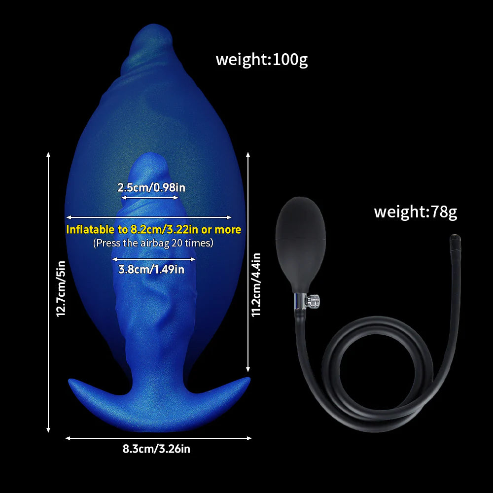 Dimension guide for the galactic blue expandable alien anal dilator showing the starting width of 3.8cm versus the fully expanded egg shape with the air hose.