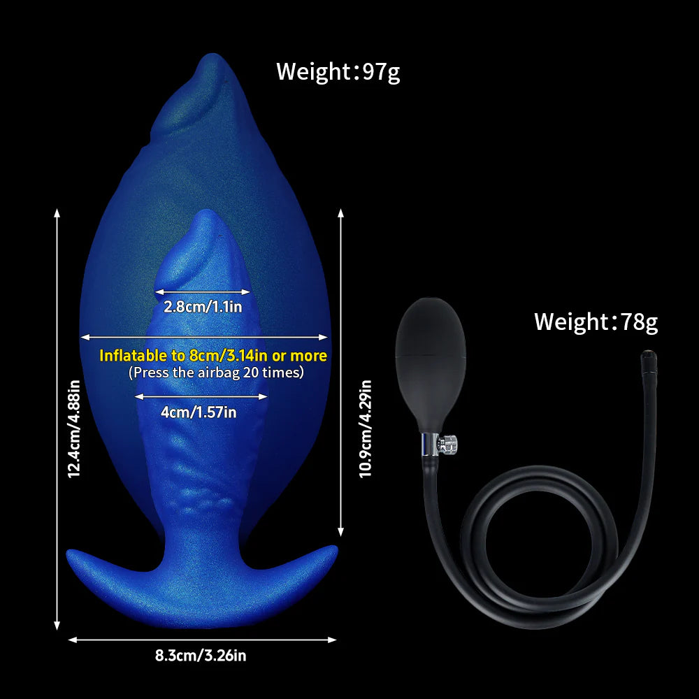 Detailed measurement guide for the Sapphire Blue expandable anal plug including weight details, 4cm initial diameter, and inflation scaling with the air pump.