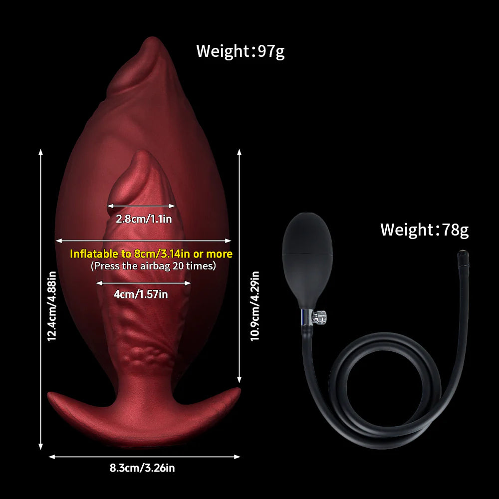 Detailed measurement guide for the Crimson Red expandable anal plug including weight details and inflation capacity.