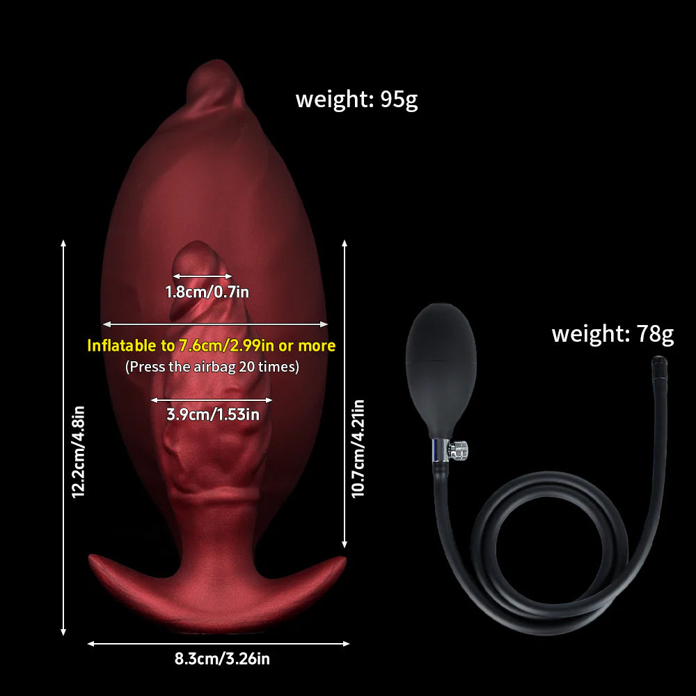 Size specification chart for the red expandable anal plug with air pump, detailing a baseline thickness of 1.53in inflating up to 2.99in or more after 20 presses.