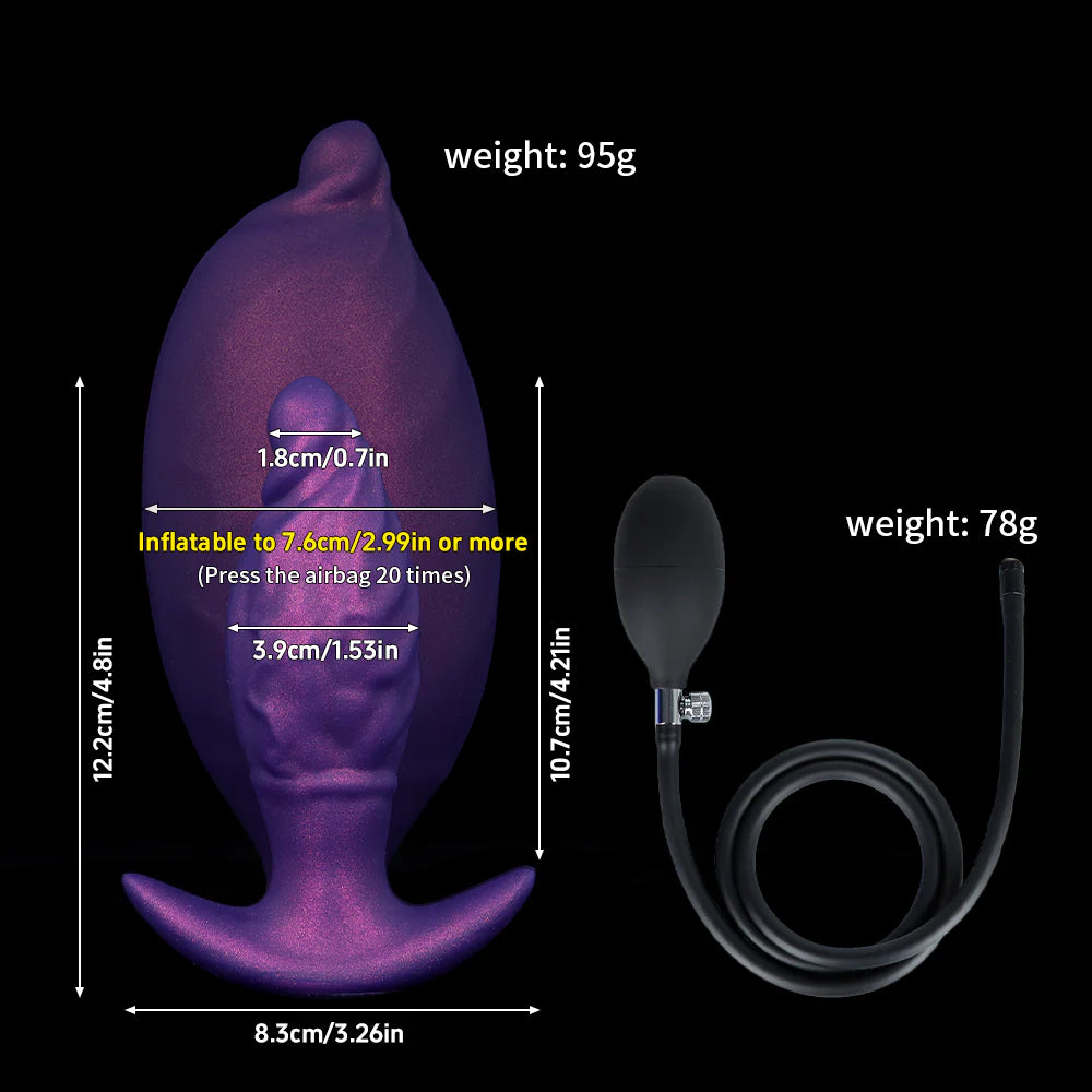 Product dimensions infographic for electric purple expandable silicone anal dilator with hand pump, detailing the flared 8.3cm anchor base and 10.7cm insertable length.