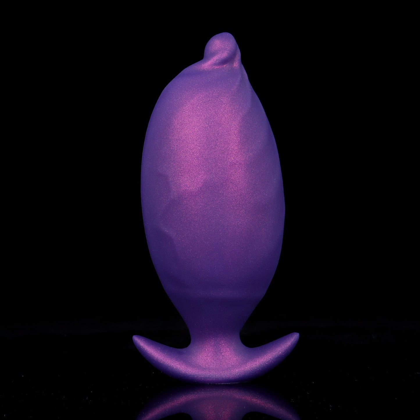 Smooth metallic purple expandable silicone anal dilator with an ultra-wide anchor crescent base, highlighting the luxurious shimmer texture.