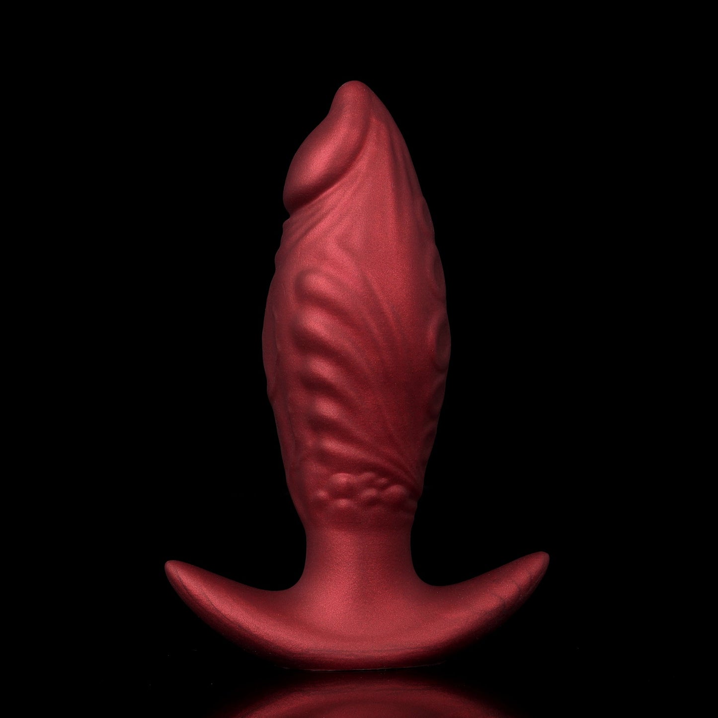 Premium Crimson Red expandable liquid silicone anal plug with a sparkling metallic finish and anchor safety base.