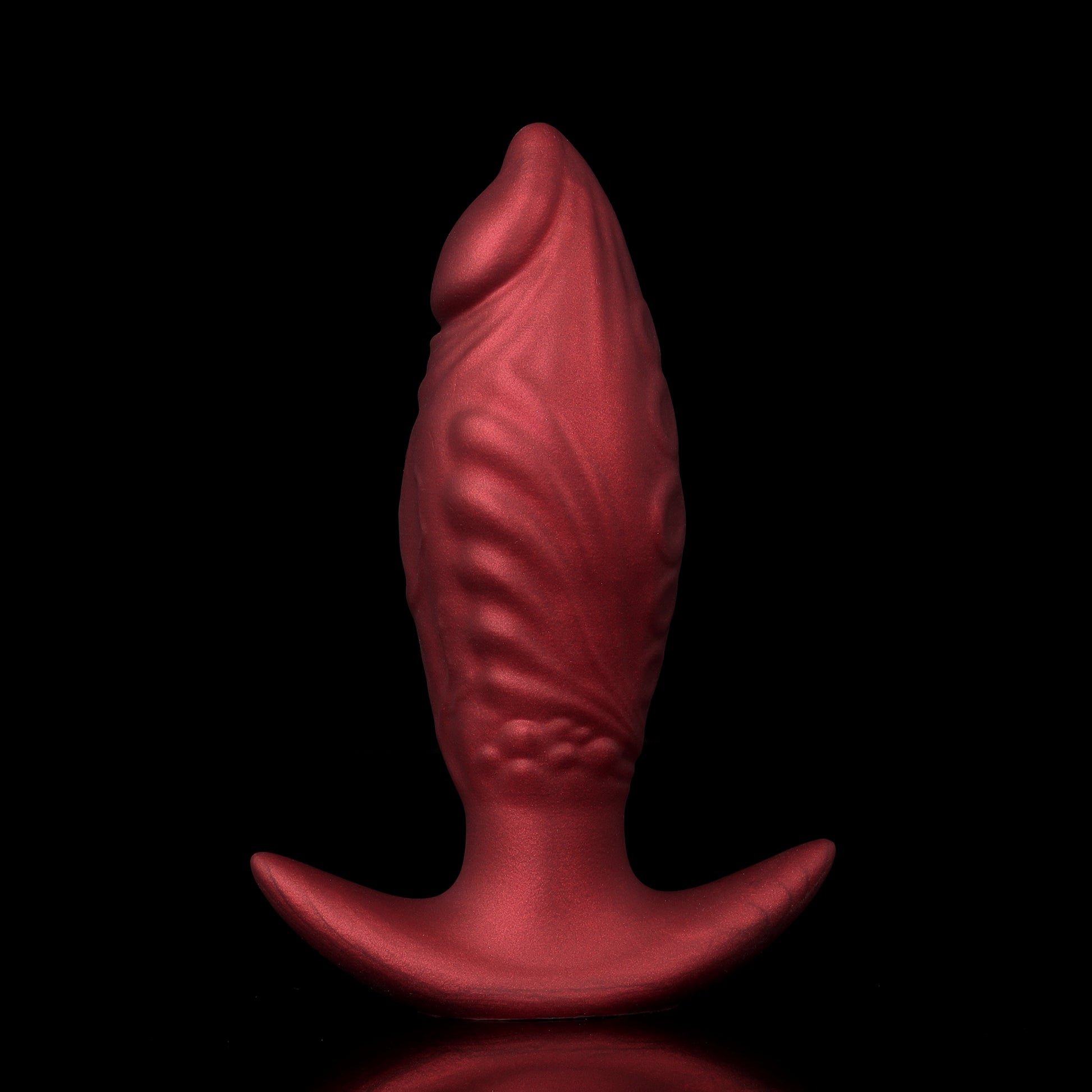 Premium Crimson Red expandable liquid silicone anal plug with a sparkling metallic finish and anchor safety base.