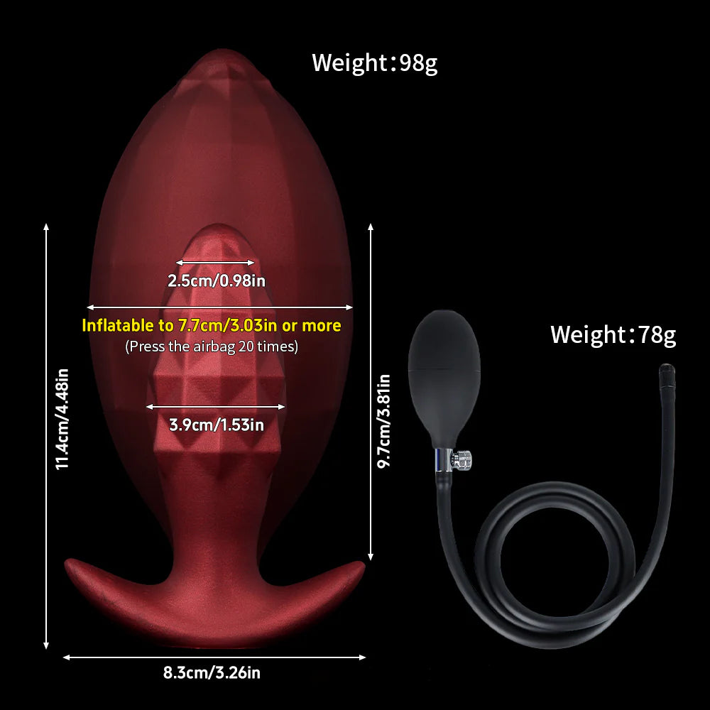 A detailed dimension guide for the crimson red inflatable silicone plug, indicating a total toy length of 11.4cm (4.48in), a base width of 8.3cm, and a total toy weight of 98g.