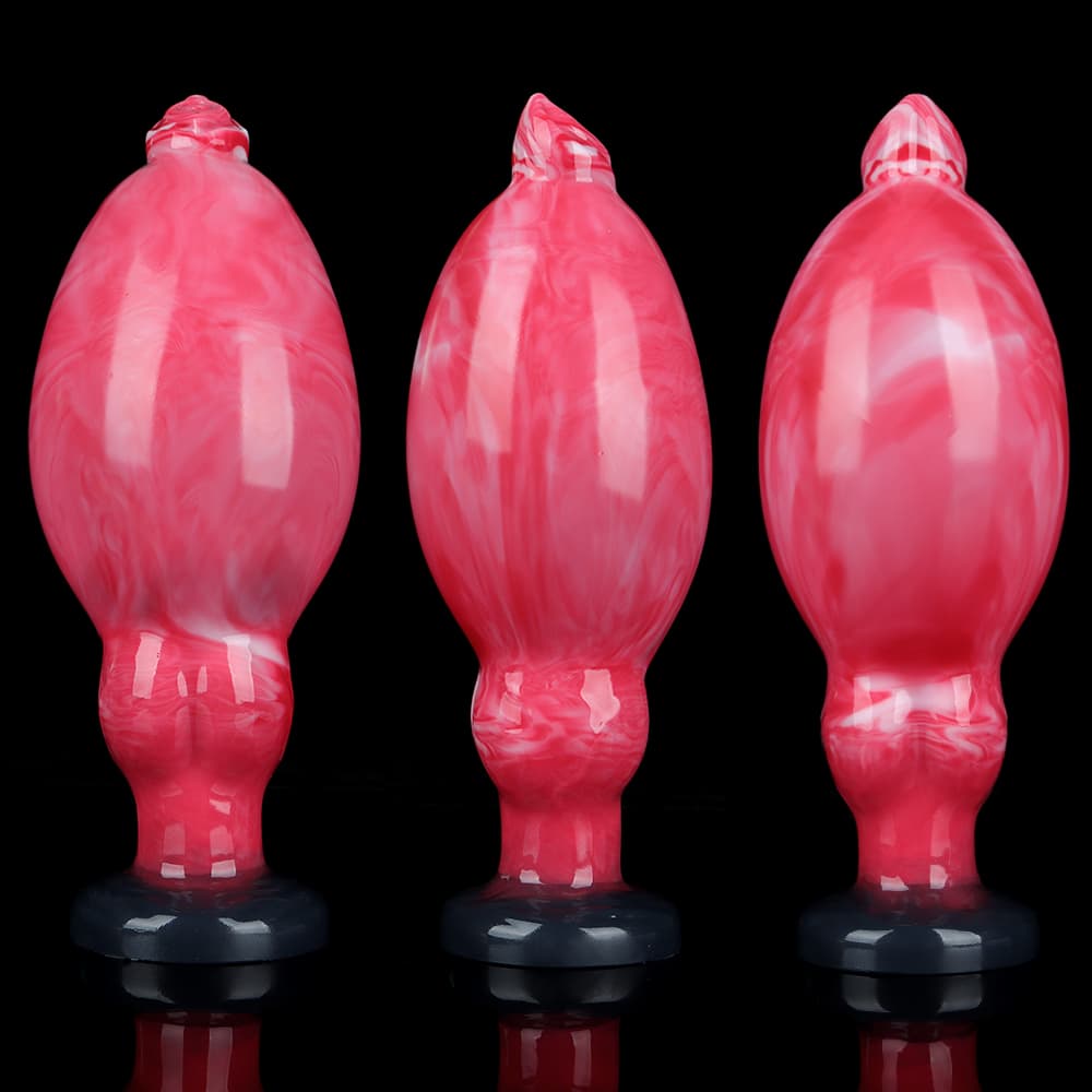 Three pink swirl marble inflatable butt plugs shown side by side, highlighting the unique patterns and realistic bionic textures.