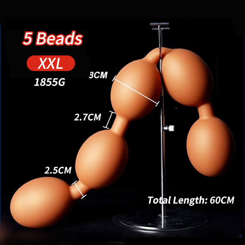 XXL size 5 beads silicone anal plug display showing 8cm bead diameter 60cm length 1855g weight specifications.