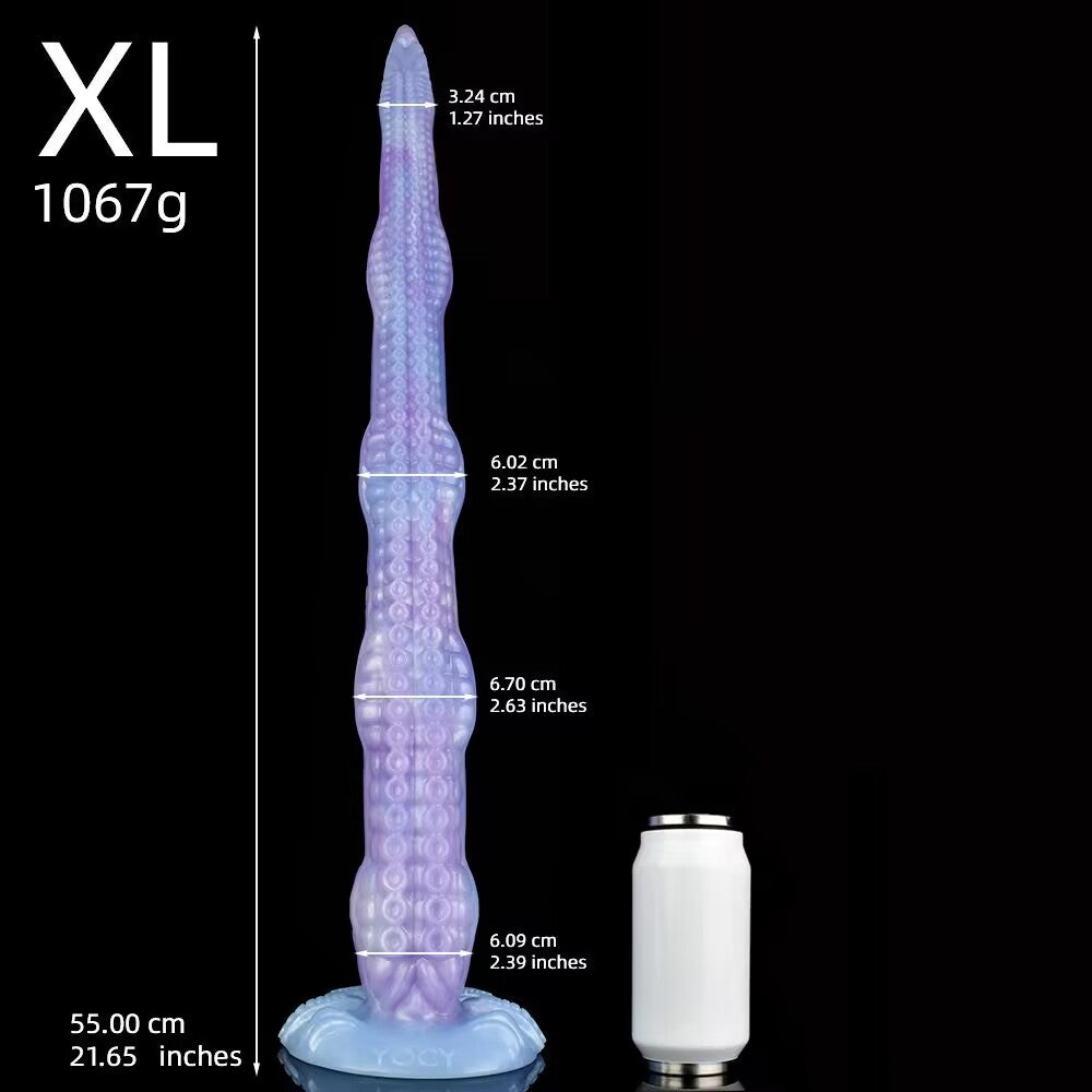Size XL massive silicone monster dildo measuring 55cm in length, showcasing detailed thick nodule sections next to a white can.