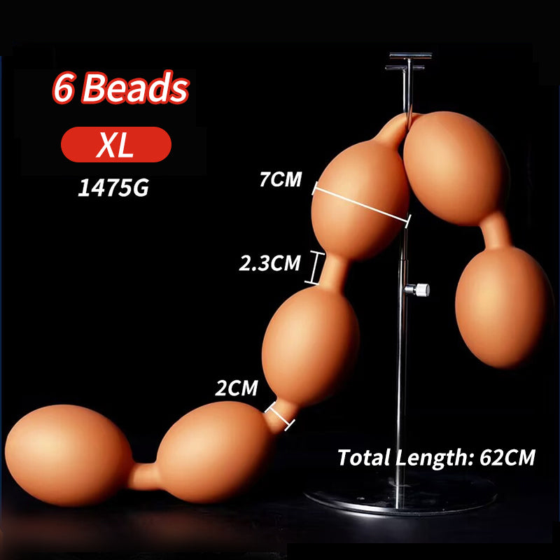XL size 6 beads silicone anal plug display showing 7cm bead diameter 62cm length 1475g weight specifications.